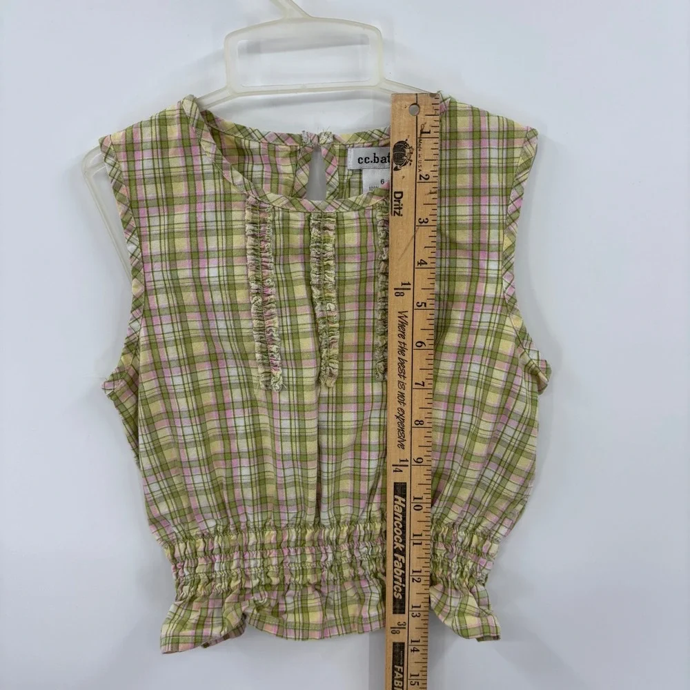 cc.bates Plaid Sleeveless Top Kids 6 Green Pink Ruffle Smocked Peplum Blouse